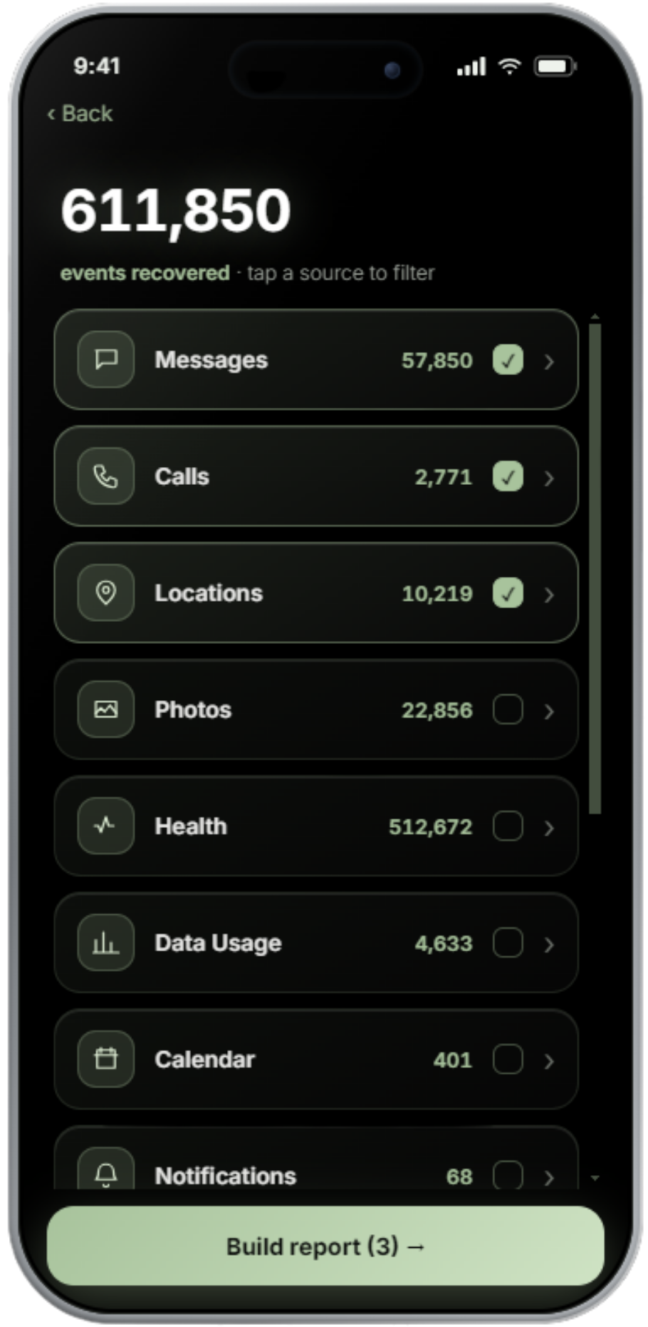truth spores report builder — every source with live counts, ready to filter