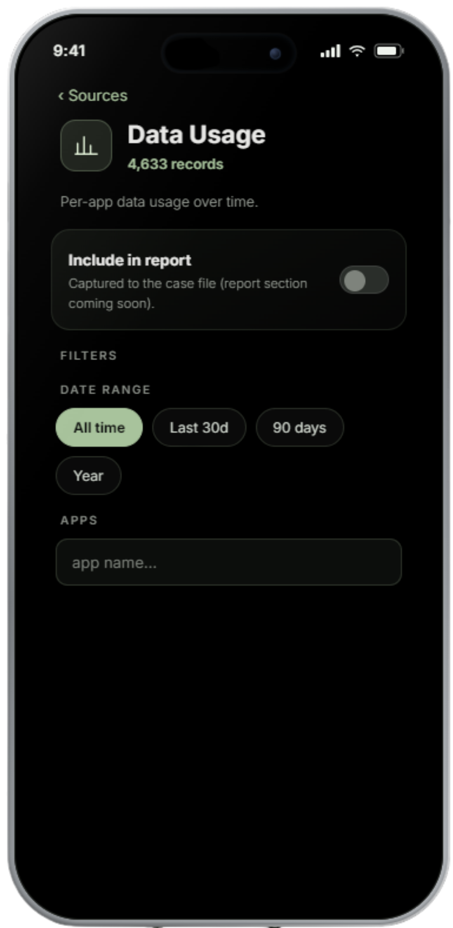 Data Usage filter — by date and app