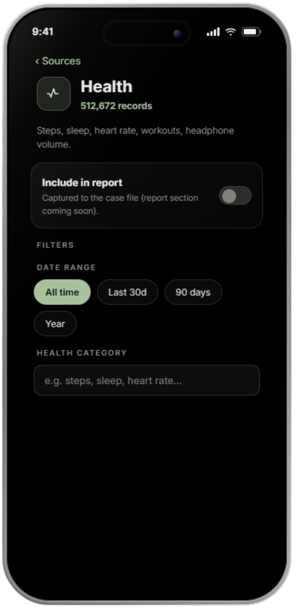 Health filter — by date and category