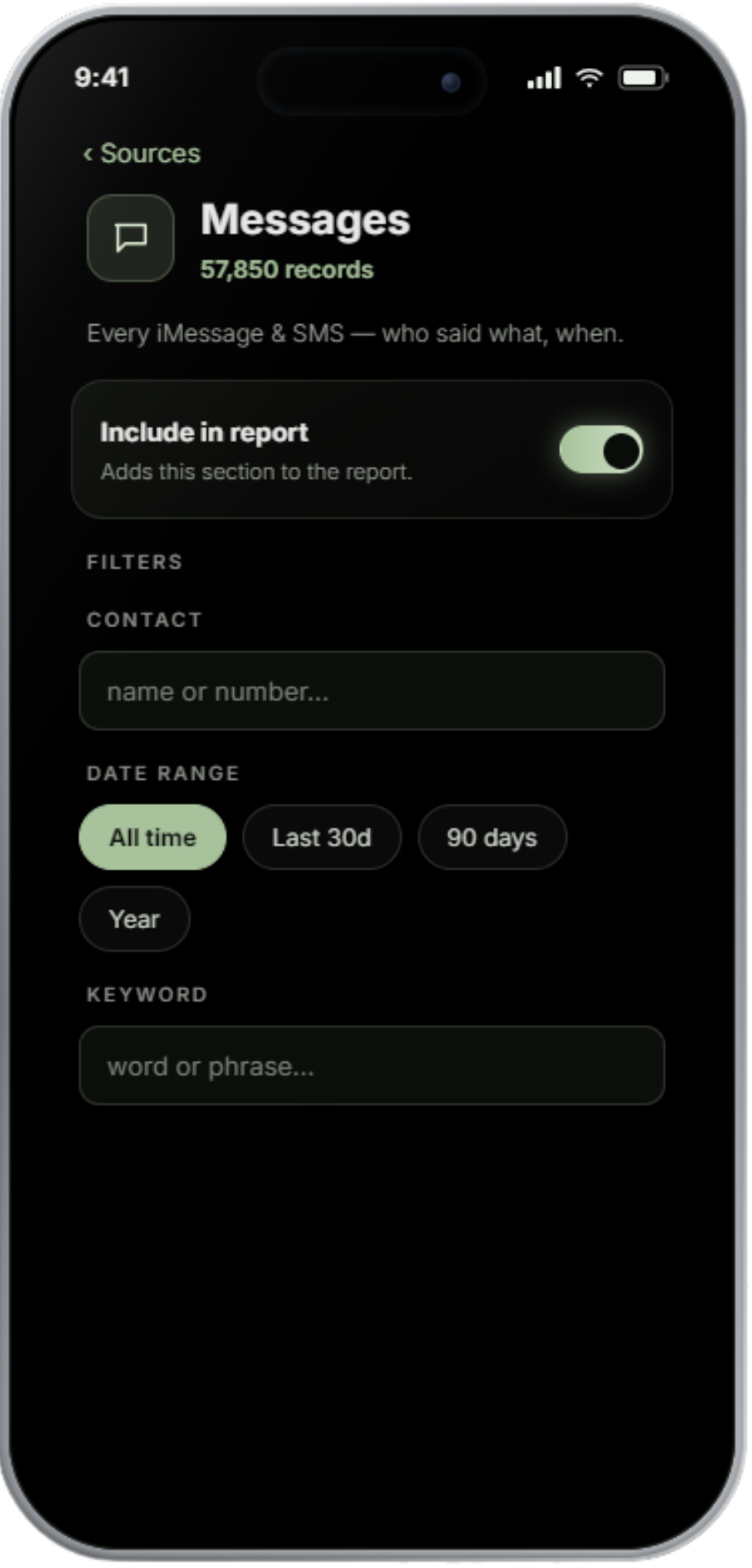 Messages filter — by contact, date, keyword
